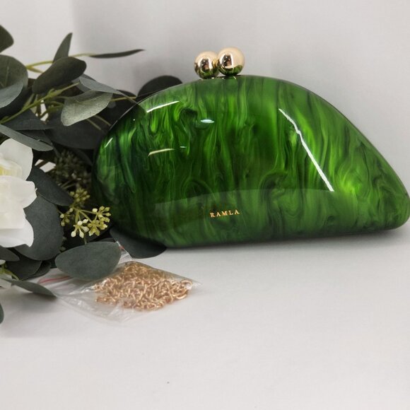 Ramla Green Marbled Evening Clutch With Gold Chain Strap NWOT MSRP $290.00 - Picture 1 of 7